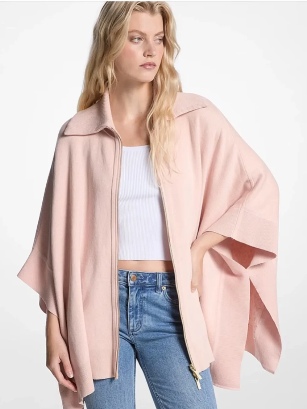 Michael Kors Monogram Riversable Knit Zip Poncho Cape Sweater Powder Blush NWT